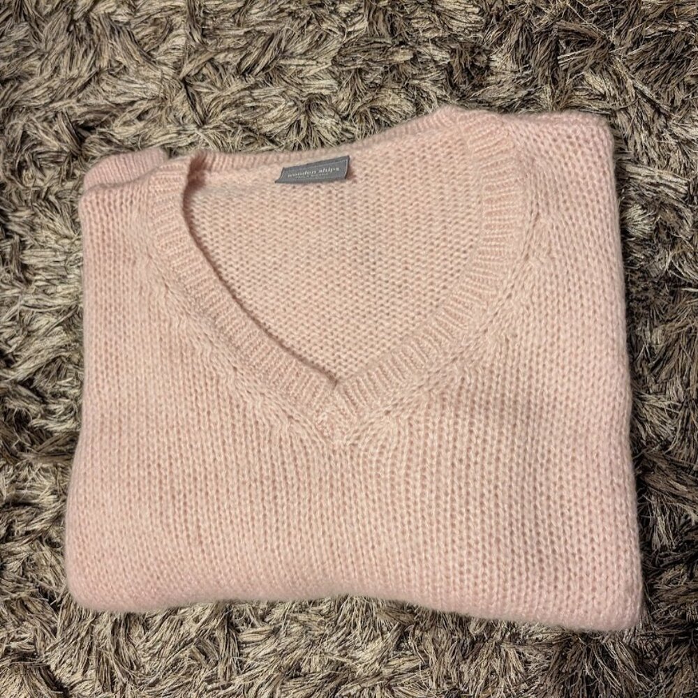 Wooden Ships Cuffed Chunky V Neck Wool Blend Sweater S/M Cirrus Lilac Pink EUC